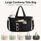 Corduroy Tote Bag for Women – 15.6" Laptop Work Bag with Cup Holder & Detachable Strap | Black, Beige, Checkered, Green