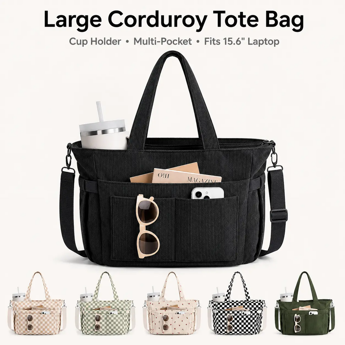 Corduroy Tote Bag for Women – 15.6" Laptop Work Bag with Cup Holder & Detachable Strap | Black, Beige, Checkered, Green