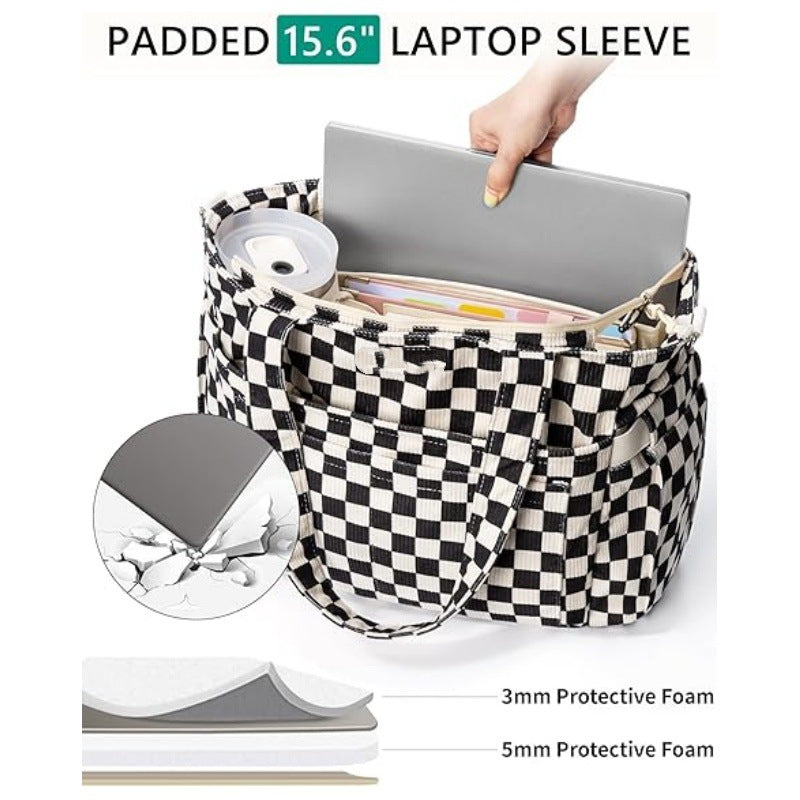 Corduroy Tote Bag for Women – 15.6" Laptop Work Bag with Cup Holder & Detachable Strap | Black, Beige, Checkered, Green