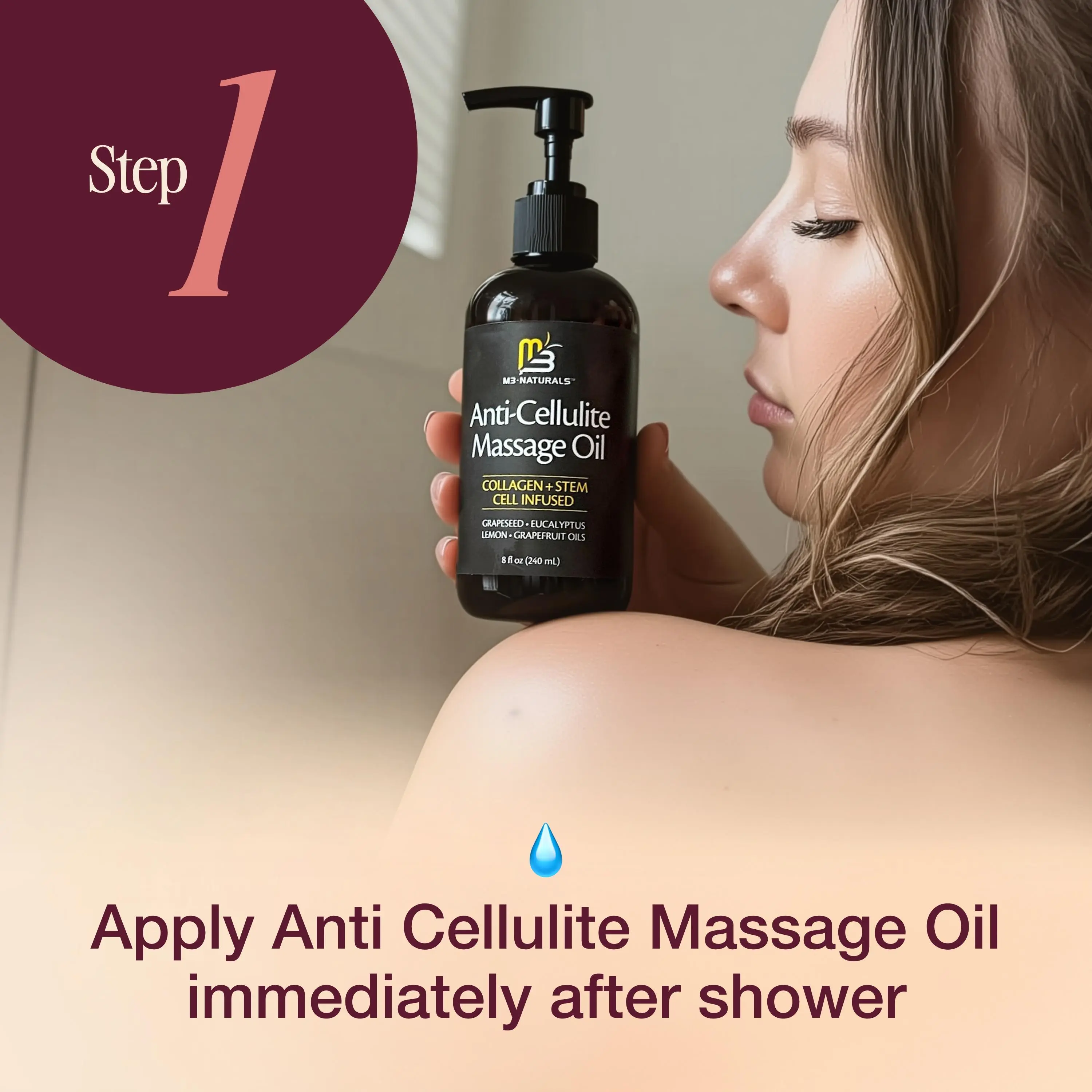 Anti Cellulite Massage Oil 8oz - Smooth the Appearance of Cellulite - Body Care & Skin Care Massage Oil - Topical Collagen and Plant Stem Cell Body Oil to Restore Texture and Elasticity - Soothing Body Oil