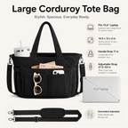 Corduroy Tote Bag for Women – 15.6" Laptop Work Bag with Cup Holder & Detachable Strap | Black, Beige, Checkered, Green