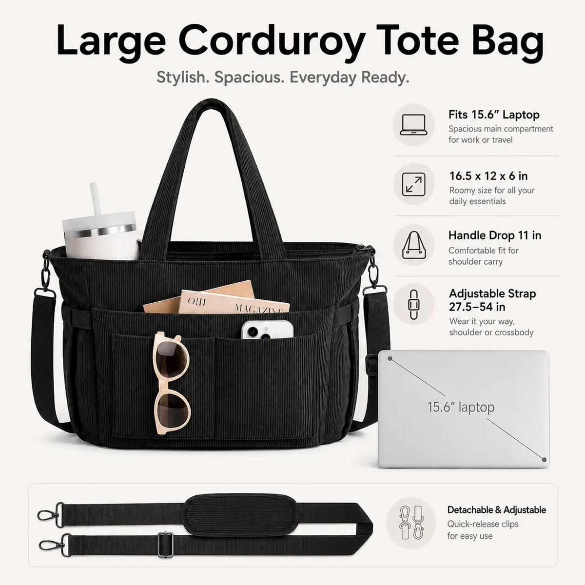 Corduroy Tote Bag for Women – 15.6" Laptop Work Bag with Cup Holder & Detachable Strap | Black, Beige, Checkered, Green