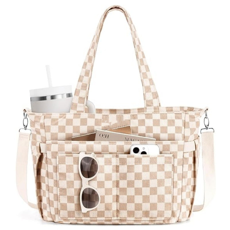 Corduroy Tote Bag for Women – 15.6" Laptop Work Bag with Cup Holder & Detachable Strap | Black, Beige, Checkered, Green