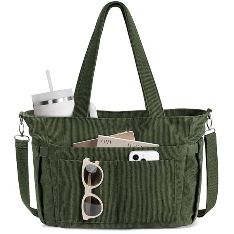 Corduroy Tote Bag for Women – 15.6" Laptop Work Bag with Cup Holder & Detachable Strap | Black, Beige, Checkered, Green
