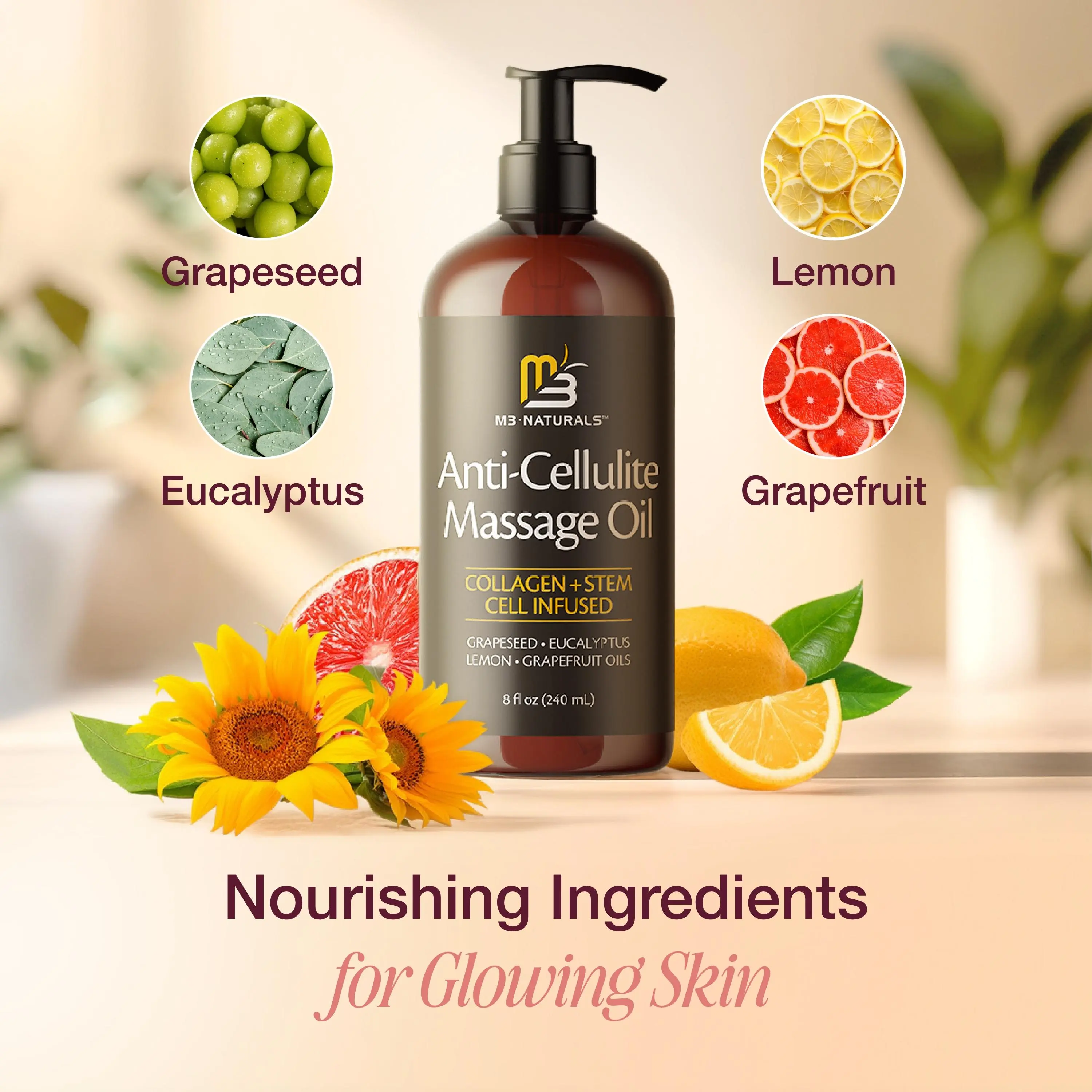 Anti Cellulite Massage Oil 8oz - Smooth the Appearance of Cellulite - Body Care & Skin Care Massage Oil - Topical Collagen and Plant Stem Cell Body Oil to Restore Texture and Elasticity - Soothing Body Oil